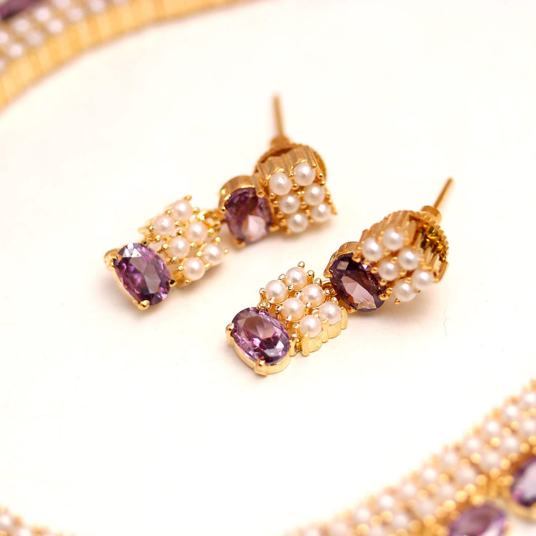 African Amethyst & Pearl Necklace Set | 22K Gold Plated Brass Jewelry | Oval Gemstone Necklace | Adjustable Chain | Elegant Gift For Her — 5