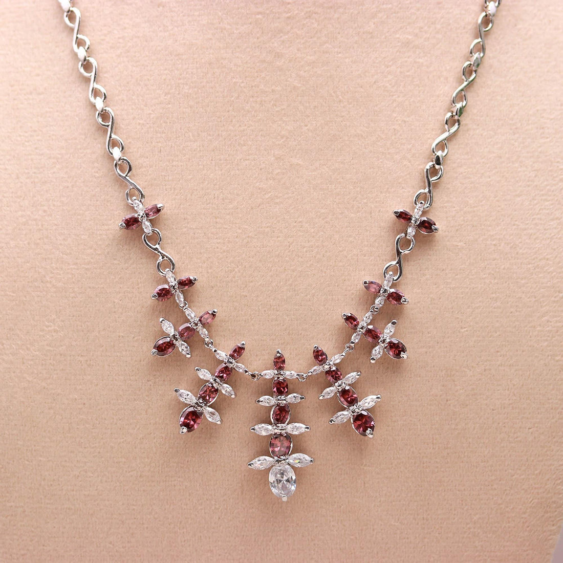 18K White Gold Rubylite Tourmaline & CZ Necklace Set | Plated Brass Oval Gemstone Necklace | Adjustable Chain | Luxury Jewelry |Gift For Her — 2