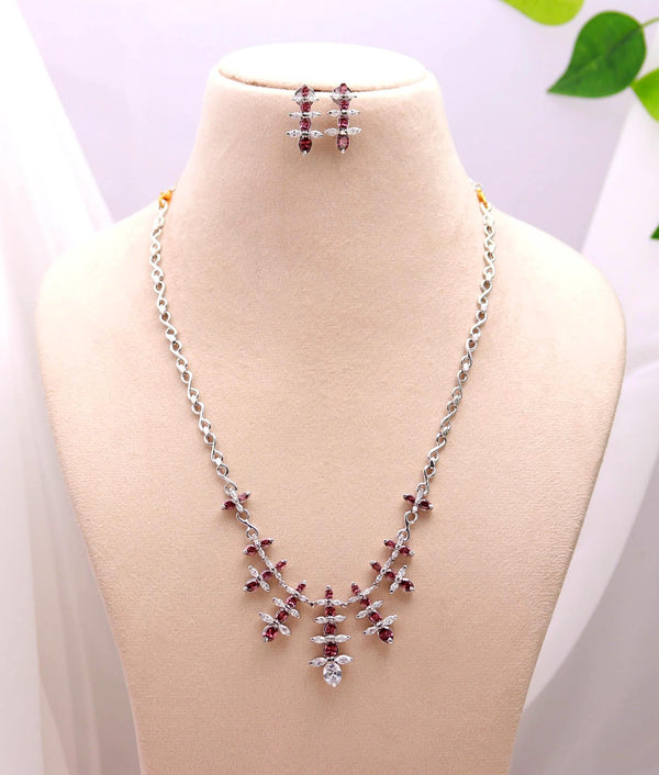 18K White Gold Rubylite Tourmaline & CZ Necklace Set | Plated Brass Oval Gemstone Necklace | Adjustable Chain | Luxury Jewelry |Gift For Her