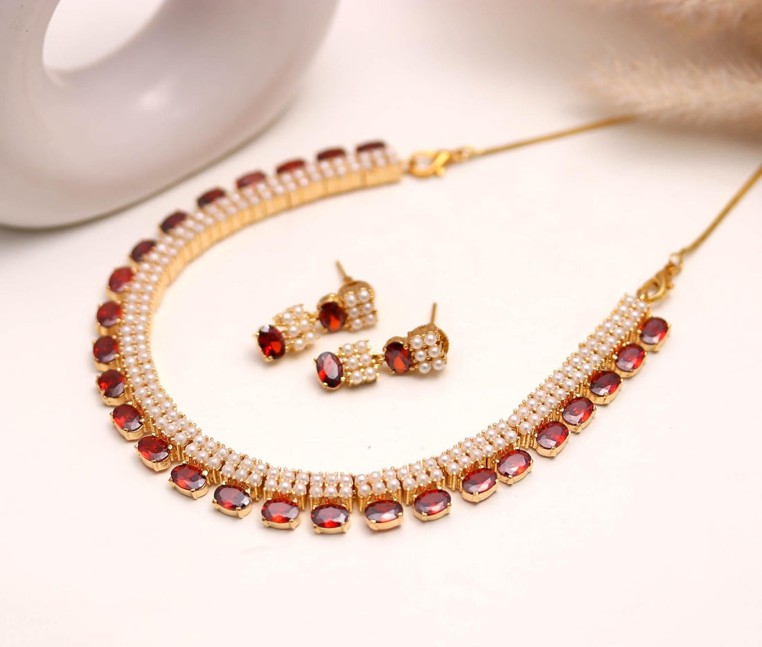 Hessonite & Pearl Necklace Set | 22K Gold Plated Brass Jewelry | Oval Gemstone Necklace | Adjustable Indian Jewelry | Gift For Her — 4