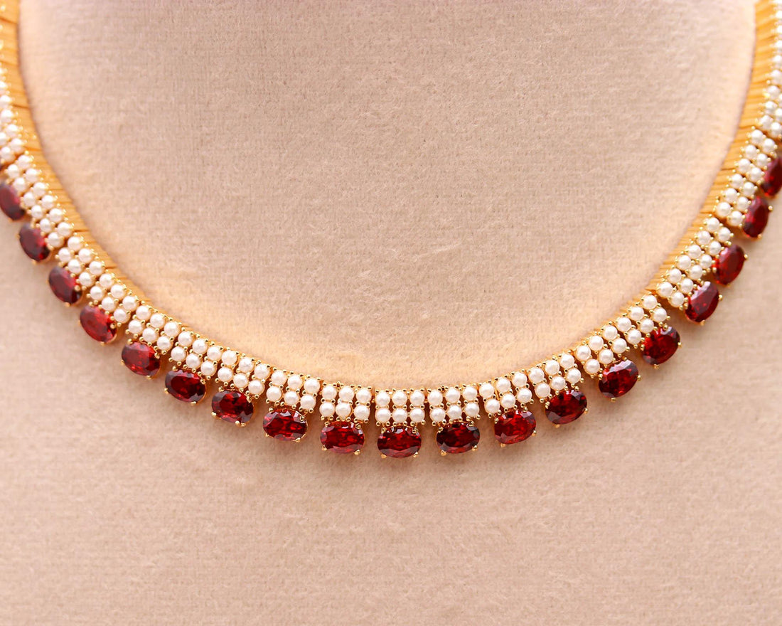 Hessonite & Pearl Necklace Set | 22K Gold Plated Brass Jewelry | Oval Gemstone Necklace | Adjustable Indian Jewelry | Gift For Her — 2