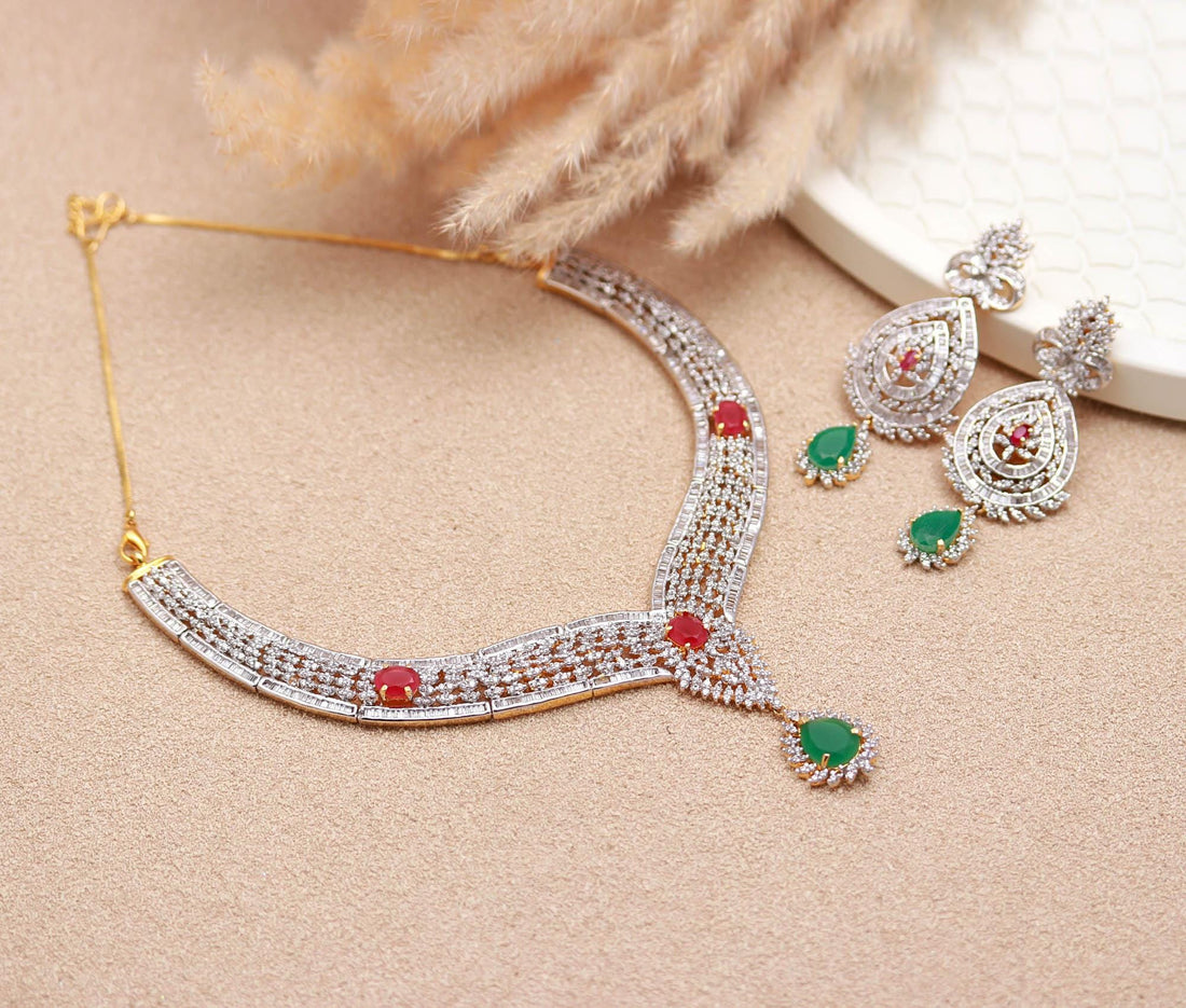 Diamond Look Necklace Set | Ruby Emerald CZ 22K Gold Plated Brass | Oval & Pear Shape | Adjustable Luxury Jewelry | Gift For Her — 3