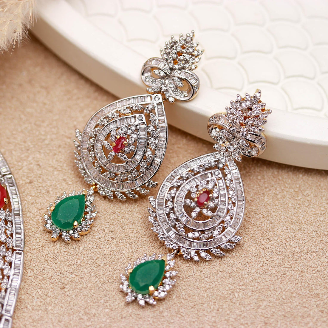 Diamond Look Necklace Set | Ruby Emerald CZ 22K Gold Plated Brass | Oval & Pear Shape | Adjustable Luxury Jewelry | Gift For Her — 5