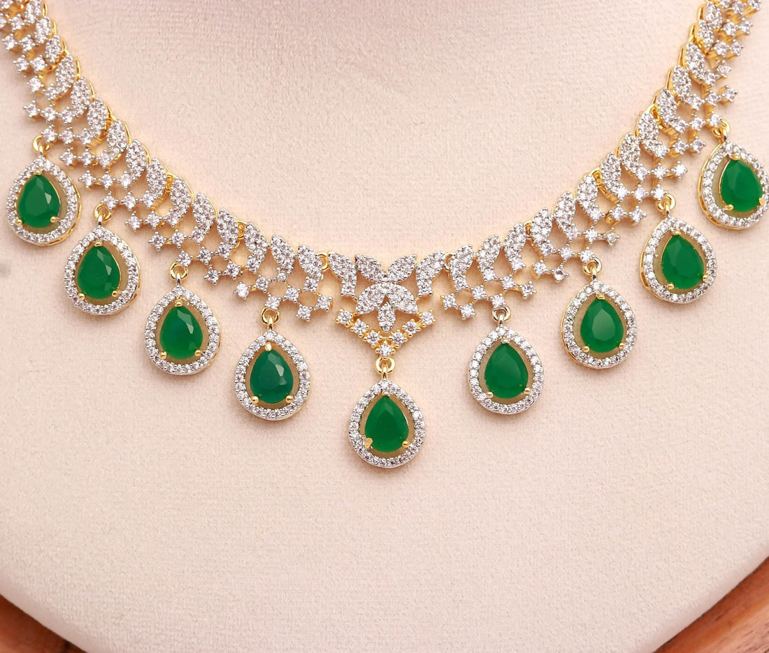 Teardrop Queen Necklace Set | 22K Gold Plated Brass Jewelry | Emerald Green & CZ Bridal Necklace Earrings Set | Indian Wedding Jewelry — 4