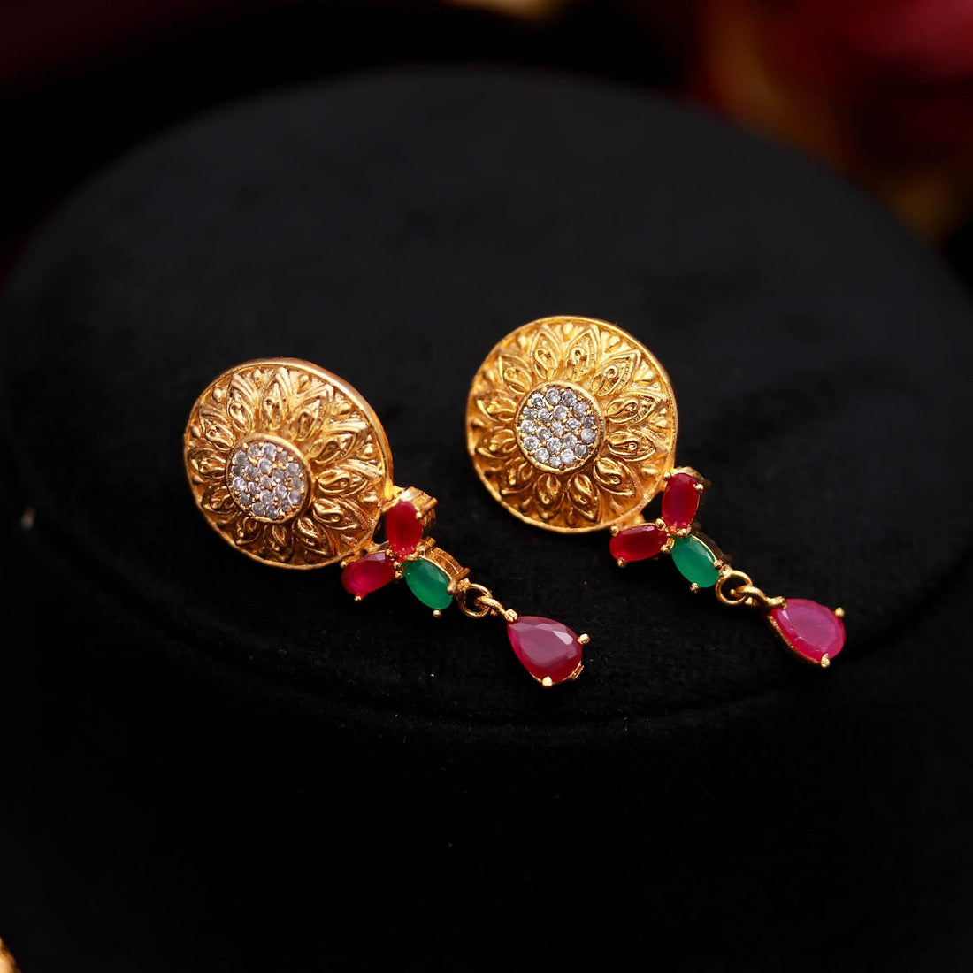 Matt Gold Polish Necklace Set with Ruby - Emerald | 22K Gold Plated Brass | Handmade South Indian Bridal Necklace & Earrings |Gift For Her — 2