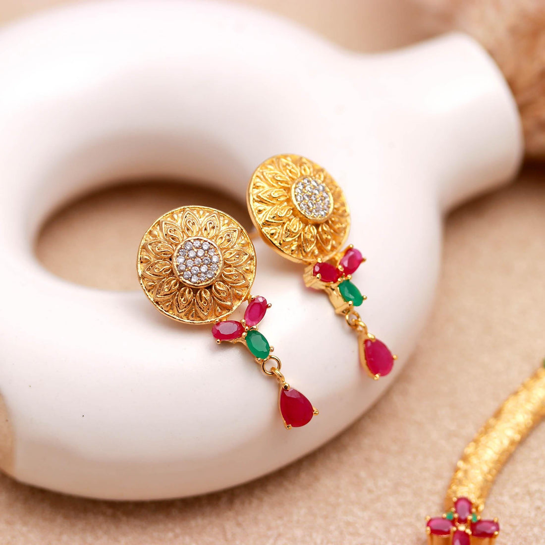 Matt Gold Polish Necklace Set with Ruby - Emerald | 22K Gold Plated Brass | Handmade South Indian Bridal Necklace & Earrings |Gift For Her — 5