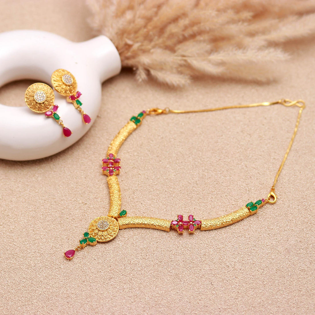 Matt Gold Polish Necklace Set with Ruby - Emerald | 22K Gold Plated Brass | Handmade South Indian Bridal Necklace & Earrings |Gift For Her — 3