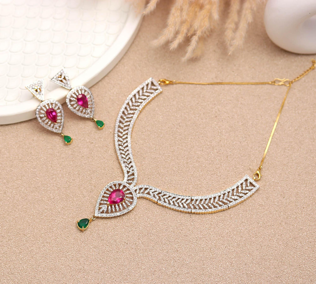 22K Gold Plated Ruby CZ Necklace Set | Indian Bridal Jewelry | Traditional Necklace | Festival Jewelry | Wedding Necklace Set| Bridal Gift — 3