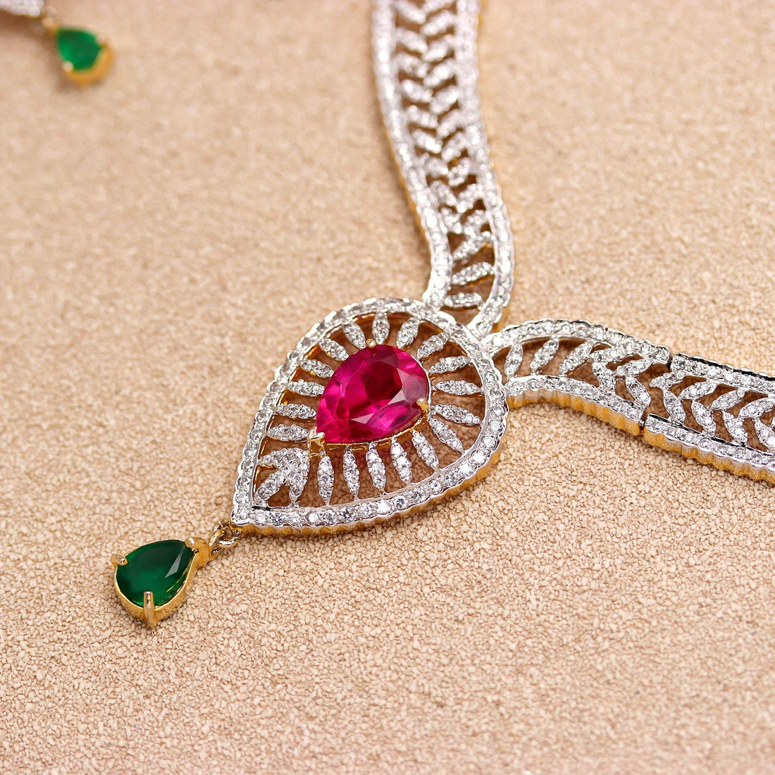 22K Gold Plated Ruby CZ Necklace Set | Indian Bridal Jewelry | Traditional Necklace | Festival Jewelry | Wedding Necklace Set| Bridal Gift — 4