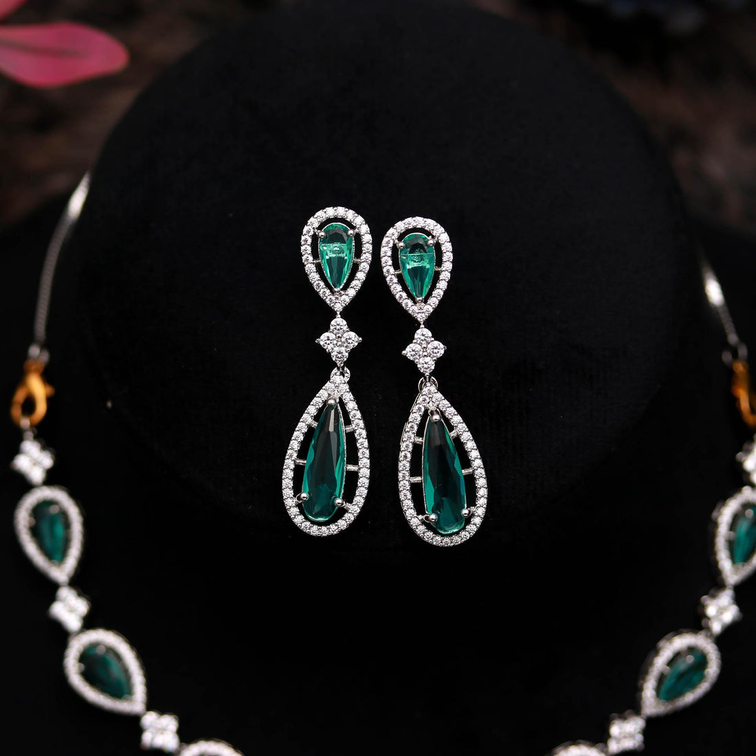 Premium Emerald Necklace Set | 18K White Gold Plated Brass | Pear Shape Lab Grown Colombian Emerald | Adjustable Bridal Jewelry — 2