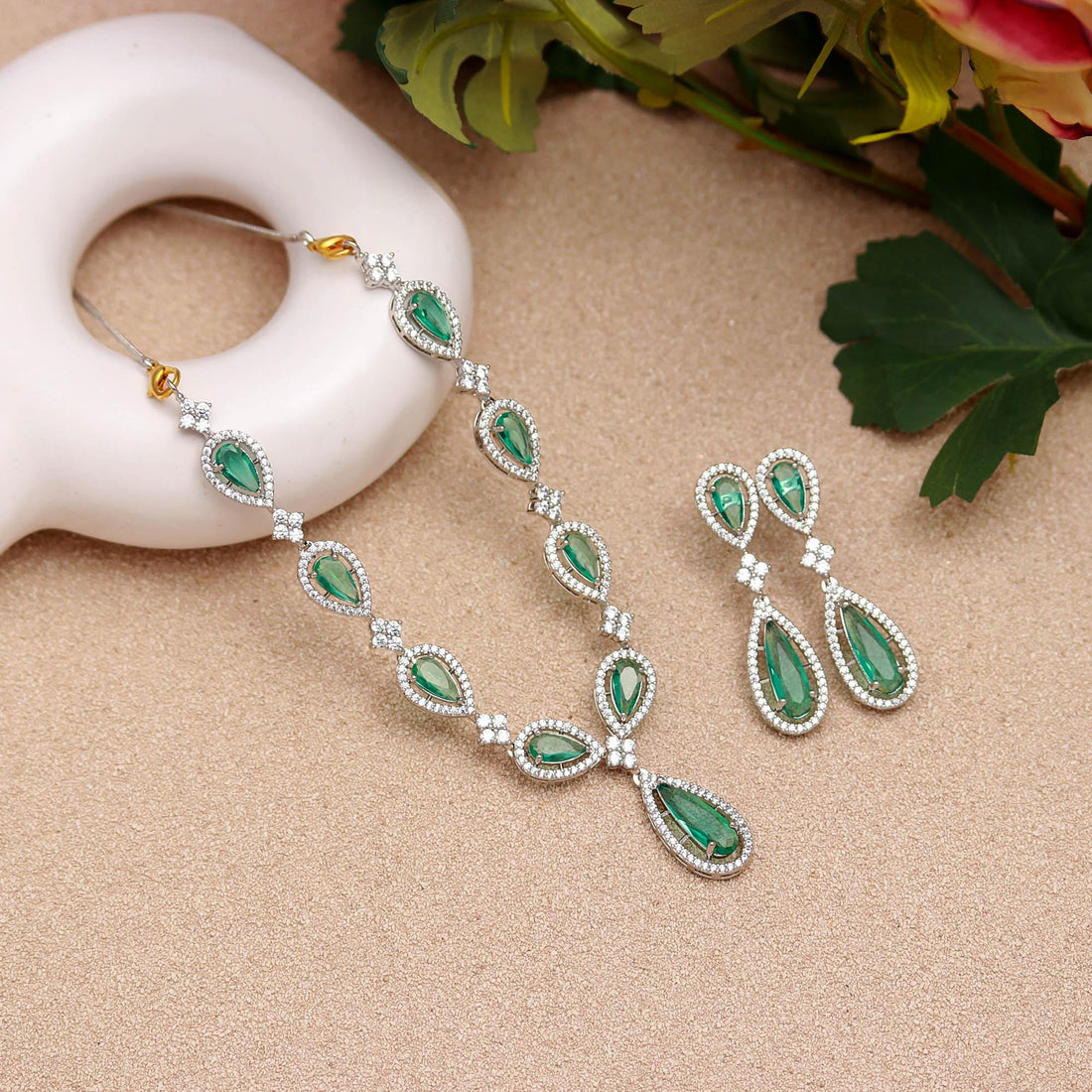 Premium Emerald Necklace Set | 18K White Gold Plated Brass | Pear Shape Lab Grown Colombian Emerald | Adjustable Bridal Jewelry — 3