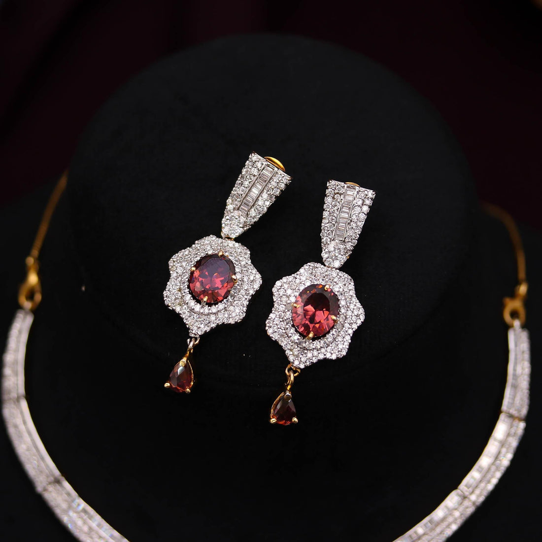 22K Gold Plated Rhodolite Cubic Zirconia Diamond Necklace Set | Gemstone Bridal Necklace | Wedding Party Wear Necklace  | Gift for Her — 2