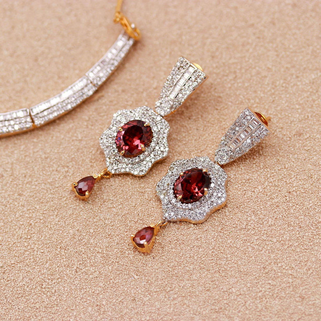 22K Gold Plated Rhodolite Cubic Zirconia Diamond Necklace Set | Gemstone Bridal Necklace | Wedding Party Wear Necklace  | Gift for Her — 4