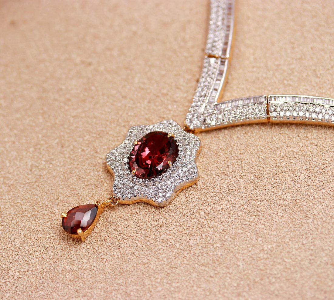 22K Gold Plated Rhodolite Cubic Zirconia Diamond Necklace Set | Gemstone Bridal Necklace | Wedding Party Wear Necklace  | Gift for Her — 5
