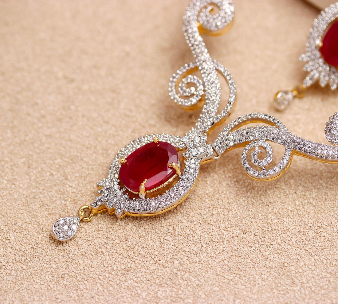 22K Gold Plated Ruby CZ Necklace Set | Oval Design | Brass Jewelry | Adjustable Chain | Indian Traditional Jewelry | Gift For Her — 4
