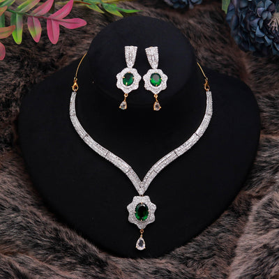 22K Gold Plated Brass Emerald V Shape Diamond CZ Necklace Set | Adjustable Statement Jewelry | Gift For Her | Party Wear Necklace