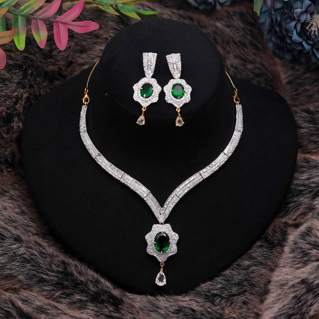 22K Gold Plated Brass Emerald V Shape Diamond CZ Necklace Set | Adjustable Statement Jewelry | Gift For Her | Party Wear Necklace
