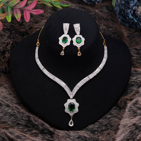 22K Gold Plated Brass Emerald V Shape Diamond CZ Necklace Set | Adjustable Statement Jewelry | Gift For Her | Party Wear Necklace