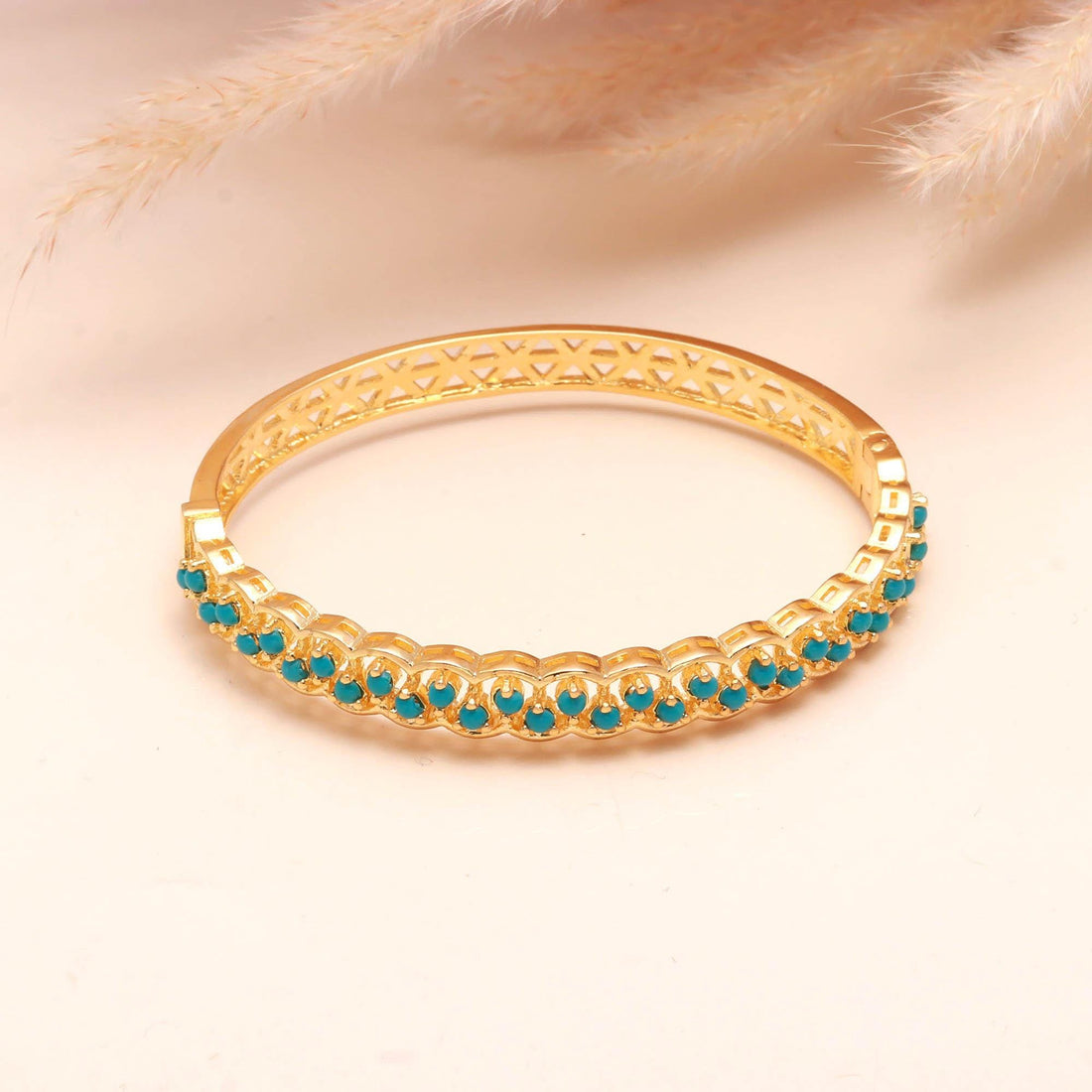 Turquoise Blue Adjustable Openable Bracelet for Women | 22K Gold Plated Brass Round Emerald Stone Bracelet | Kada Bangle | Gift for Her
