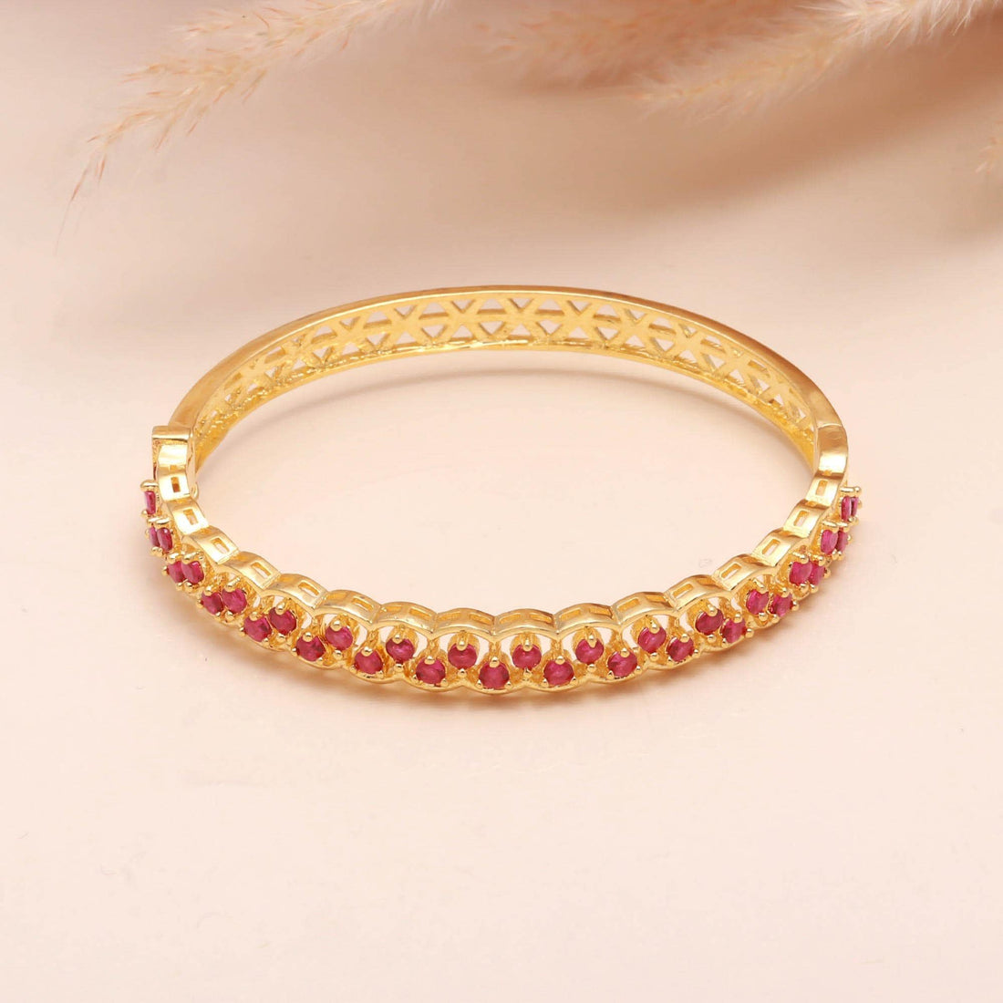 Ruby Red Openable Bracelet | 22K Gold Plated Brass Ruby Bracelet | Wedding Jewelry | Bridal Bangle | Festive Bangle | Gift For Her
