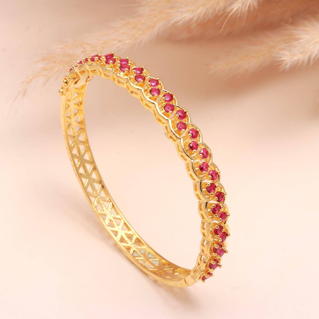 Ruby Red Openable Bracelet | 22K Gold Plated Brass Ruby Bracelet | Wedding Jewelry | Bridal Bangle | Festive Bangle | Gift For Her — 2