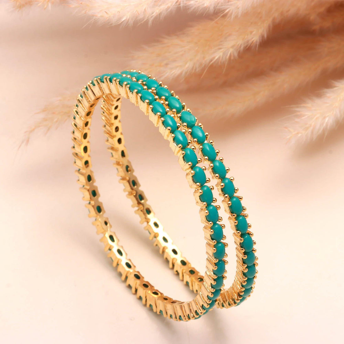 22K Gold Plated Blue Turquoise Pear Shape Bangle | Brass Gemstone Single Line Bangle | South Indian Wedding Jewelry | Bridal Bangle