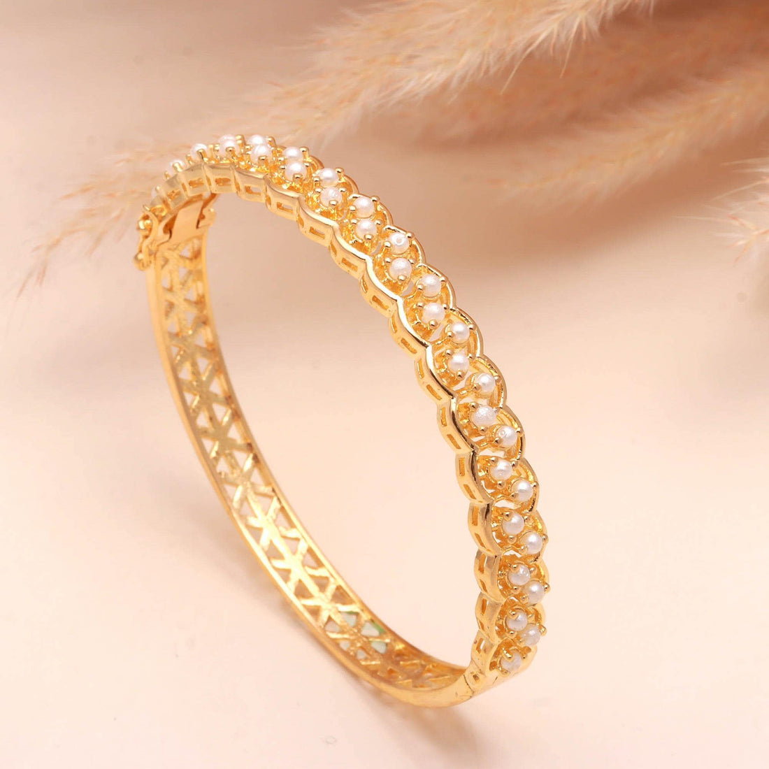 22K Gold Plated Openable Pearl Kada Bracelet | Brass Freshwater White Pearl Bracelet | Bridal Gift | Festive Bracelet | Adjustable Bracelet