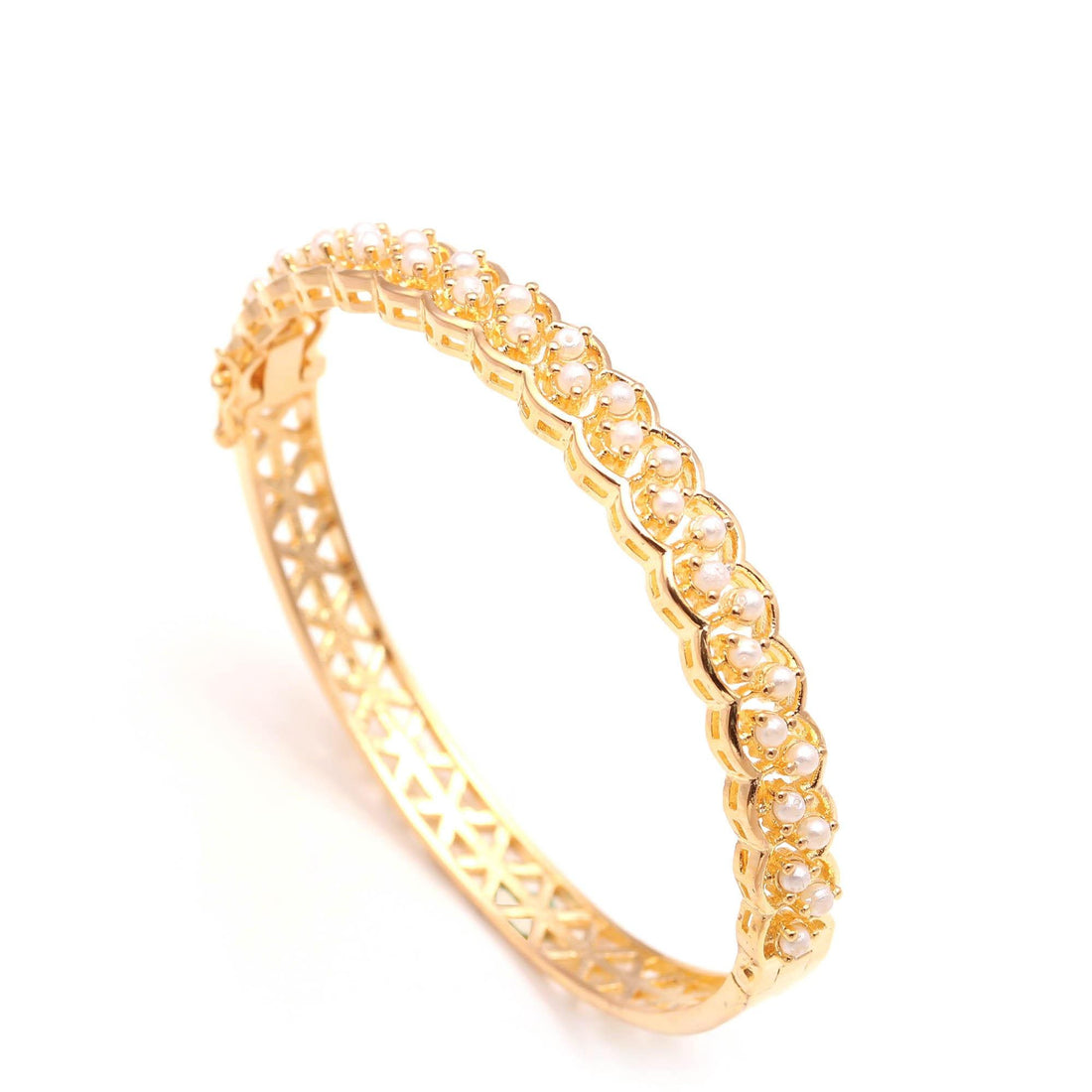 22K Gold Plated Openable Pearl Kada Bracelet | Brass Freshwater White Pearl Bracelet | Bridal Gift | Festive Bracelet | Adjustable Bracelet — 3