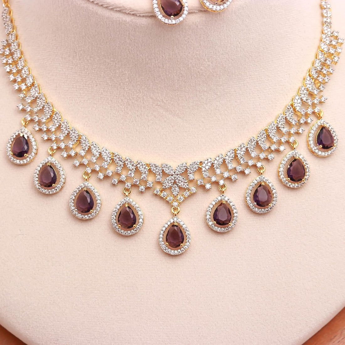 Premium 22K Gold Plated Pear African Amethyst Necklace Set | CZ Teardrop Bridal Statement Jewelry | Gift For Her | Queen Necklace — 2