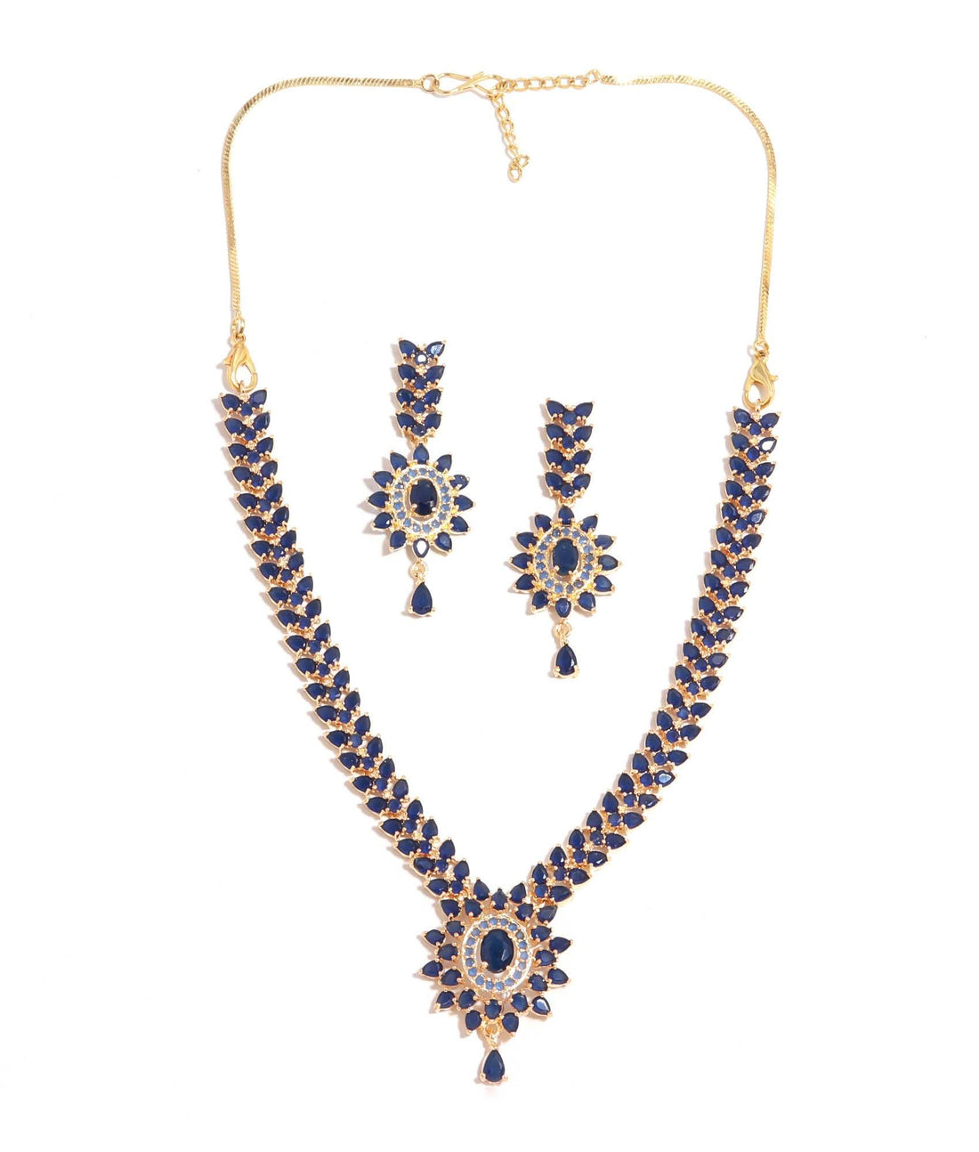 Blue Sapphire Pendant Style Gemstone Necklace Set | 22K Gold Plated Brass Marquise Oval Bridal Wedding Statement Jewelry | Gift For Her — 2