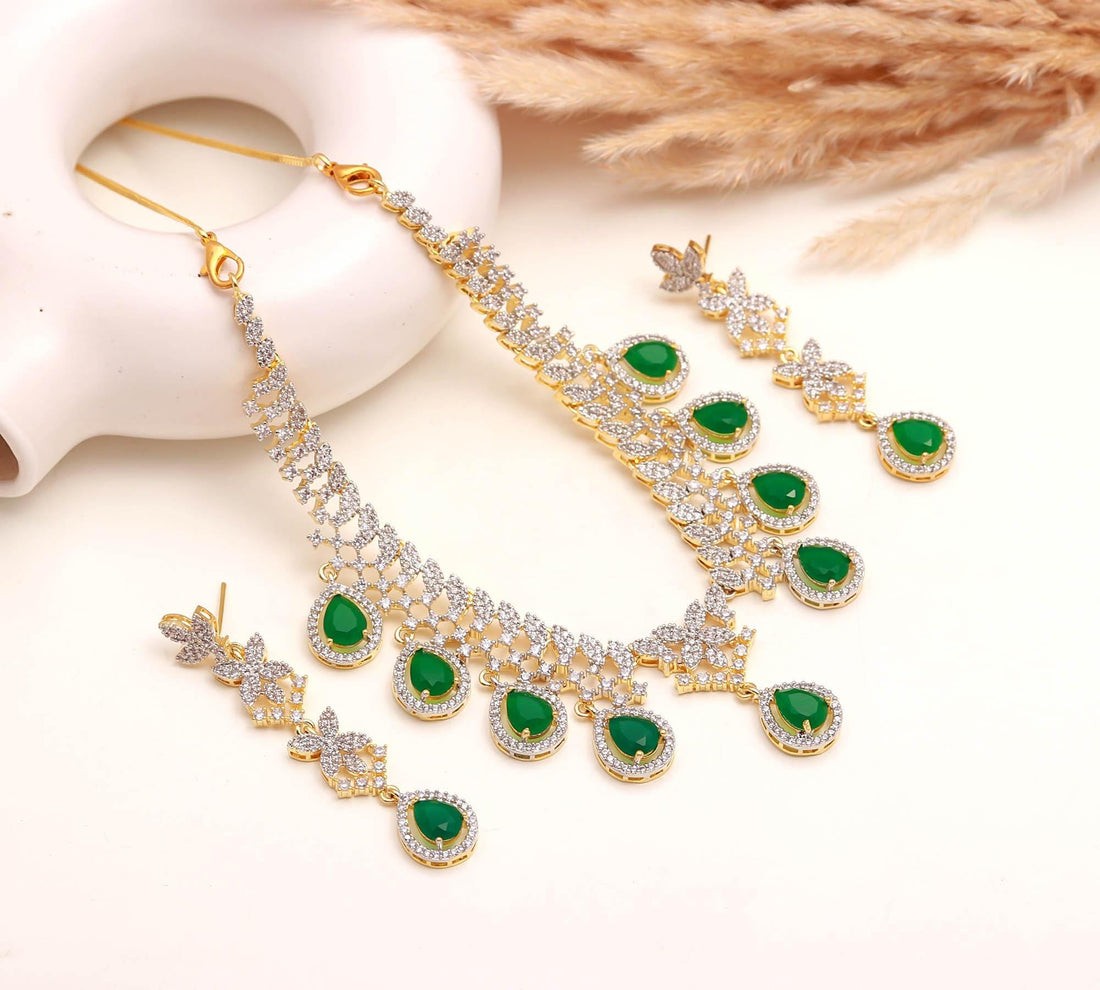 Teardrop Queen Necklace Set | 22K Gold Plated Brass Jewelry | Emerald Green & CZ Bridal Necklace Earrings Set | Indian Wedding Jewelry — 5
