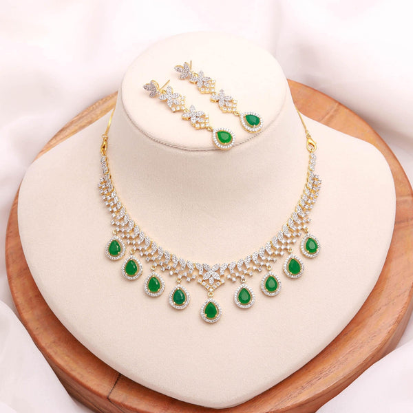 Teardrop Queen Necklace Set | 22K Gold Plated Brass Jewelry | Emerald Green & CZ Bridal Necklace Earrings Set | Indian Wedding Jewelry