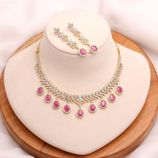 22K Gold Plated Teardrop Queen Ruby Necklace Set | Brass Jewelry | Ruby Red & CZ Bridal Necklace Earrings Set | Indian Wedding Gift