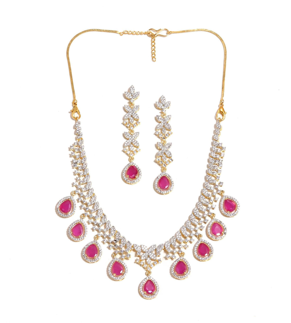 22K Gold Plated Teardrop Queen Ruby Necklace Set | Brass Jewelry | Ruby Red & CZ Bridal Necklace Earrings Set | Indian Wedding Gift — 2