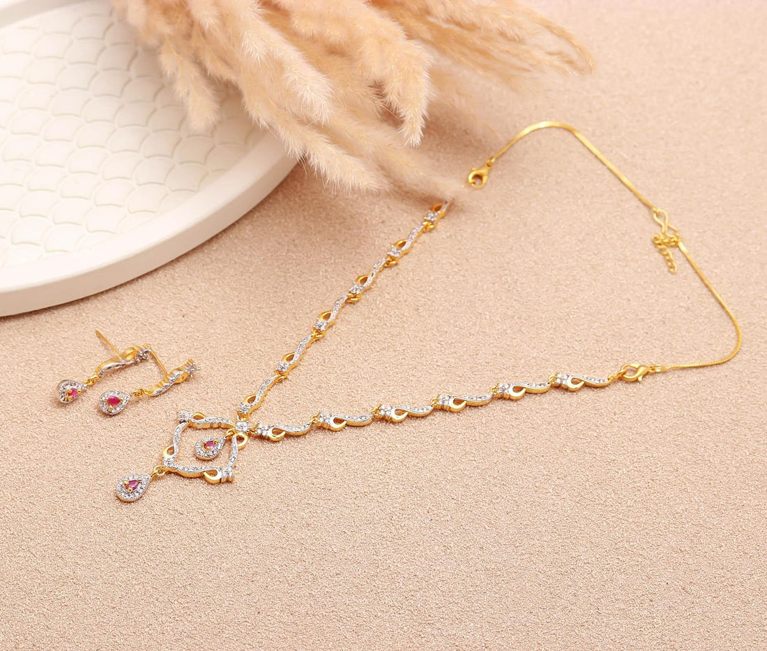 Minimal Ruby CZ Necklace Set | 22K Gold Plated Brass Diamond Necklace | Bridal Wedding Jewelry | Elegant Party Wear Necklace | Gift for Her — 2