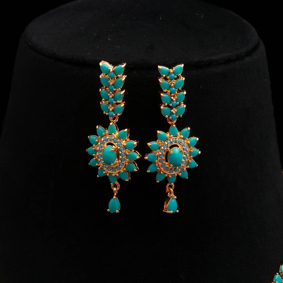 Turquoise Pendant Style Gemstone Necklace Set | 22K Gold Plated Brass Marquise Oval Bridal Jewelry | Wedding Party Wear | Gift for Her — 2