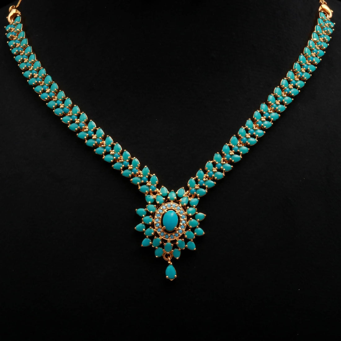 Turquoise Pendant Style Gemstone Necklace Set | 22K Gold Plated Brass Marquise Oval Bridal Jewelry | Wedding Party Wear | Gift for Her — 5