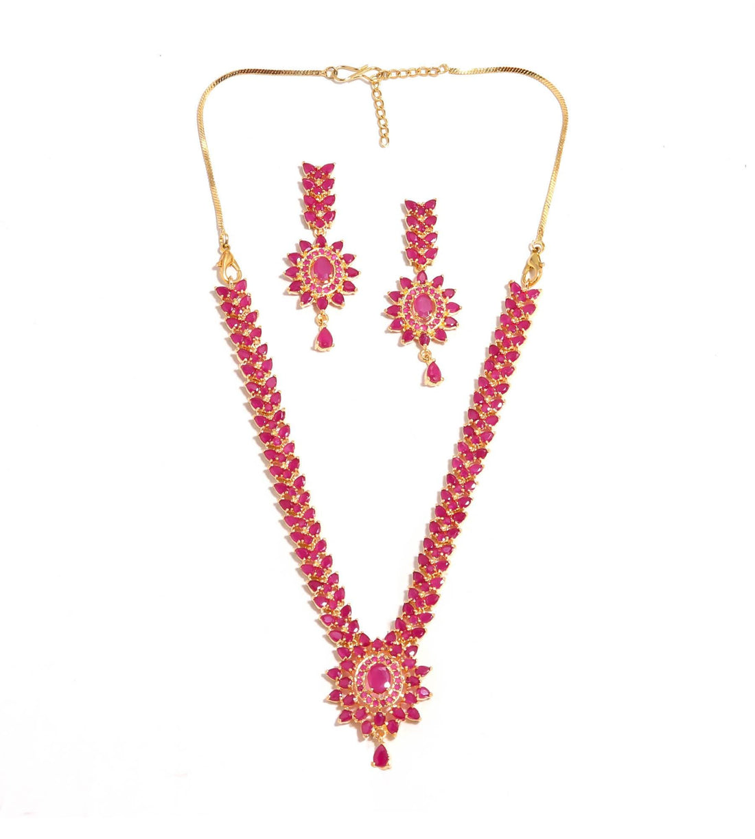 Ruby Pendant Style Gemstone Necklace Set | 22K Gold Plated Brass Marquise Oval Bridal Wedding Jewelry | Gift For Her — 3
