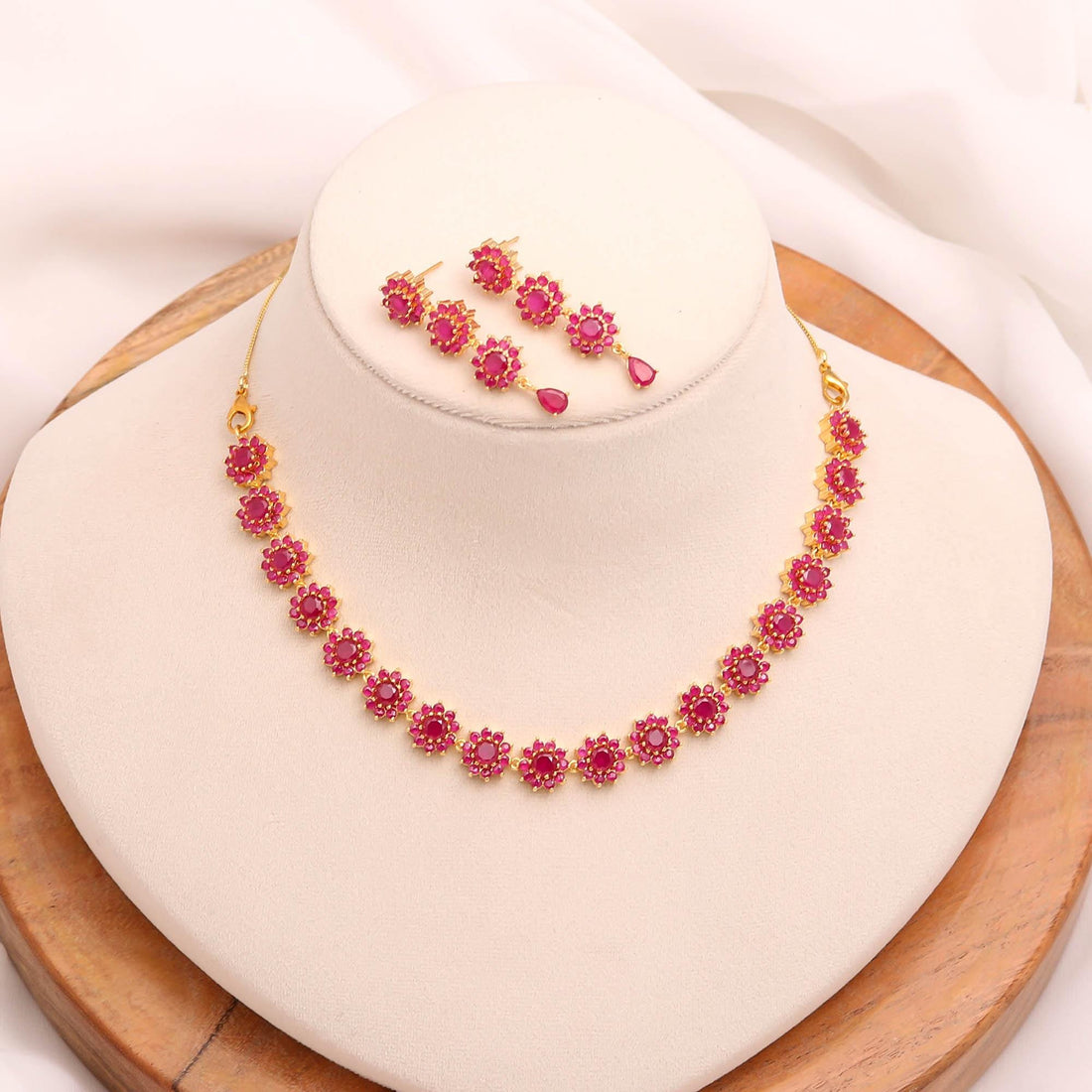 Floral Elegant Ruby Necklace Set | 22K Gold Plated Brass Round Bridal Wedding Traditional Jewelry | Gift For Her