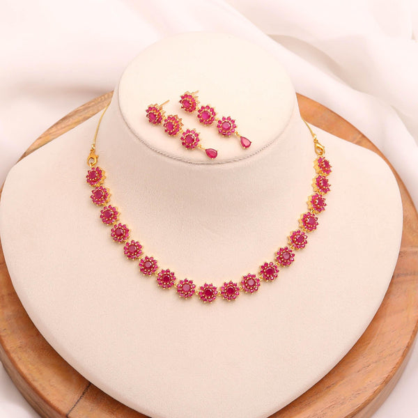 Floral Elegant Ruby Necklace Set | 22K Gold Plated Brass Round Bridal Wedding Traditional Jewelry | Gift For Her