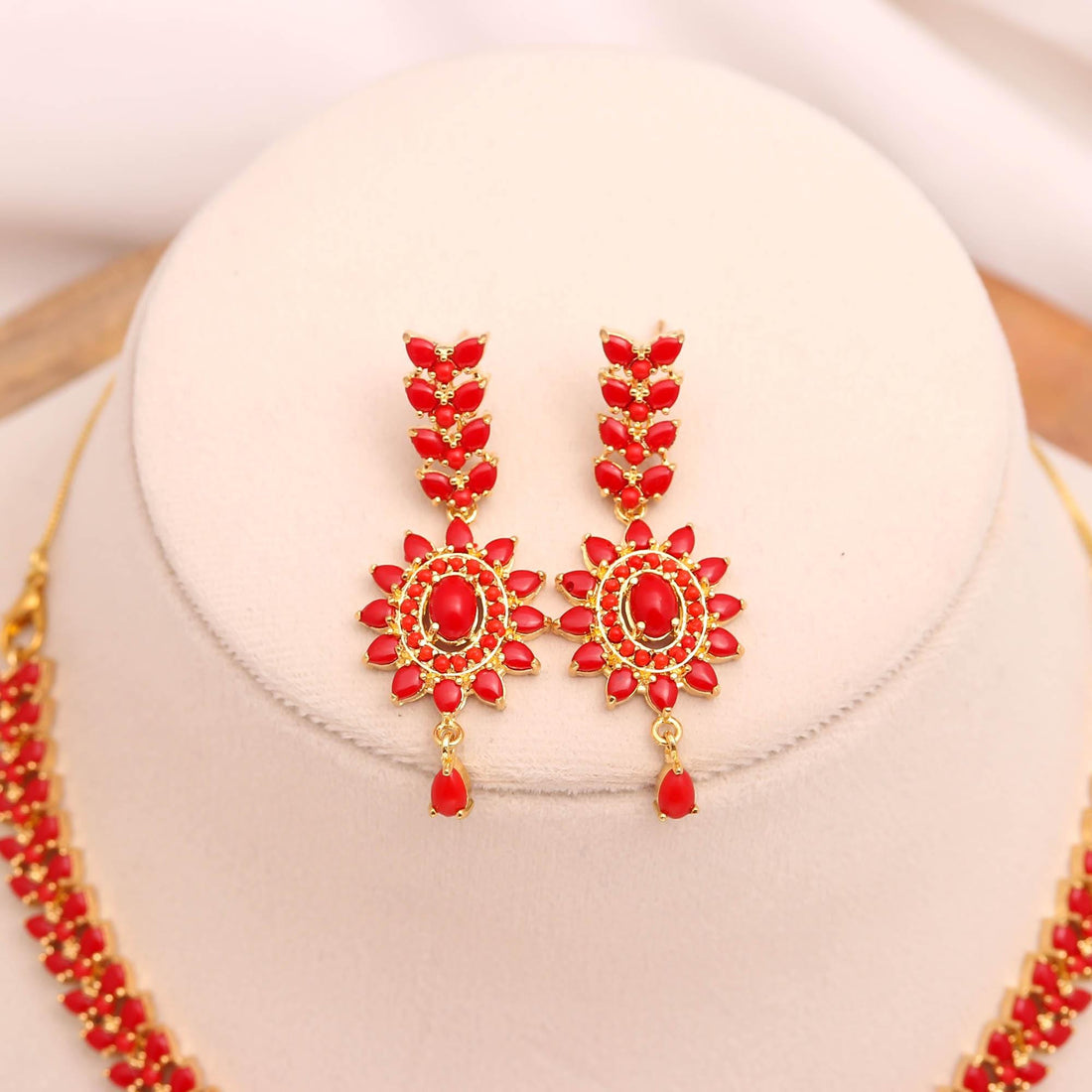 Orange Coral Pendant Style Gemstone Necklace Set | 22K Gold Plated Brass | Marquise Oval Necklace | Bridal Jewelry | Gift for Her — 4