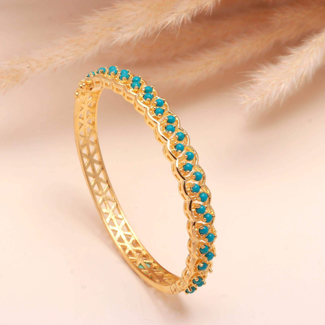 Turquoise Blue Adjustable Openable Bracelet for Women | 22K Gold Plated Brass Round Emerald Stone Bracelet | Kada Bangle | Gift for Her — 2
