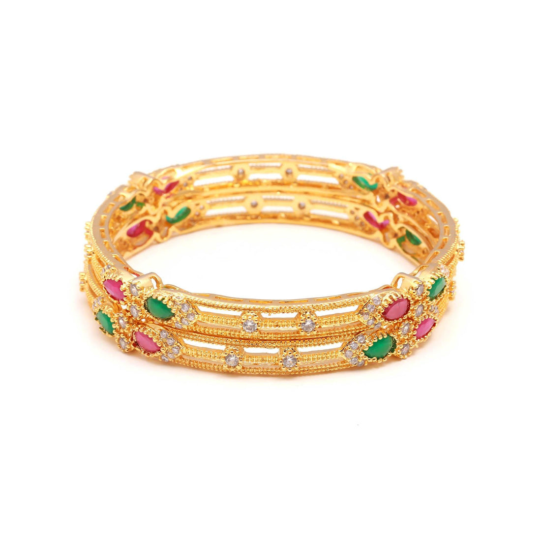 Ruby Emerald Zirconia Gold Plated Bangle | 22K Gold Plated Brass Traditional Indian Bracelet | Bridal Wedding Jewellery | Gift for Her — 4