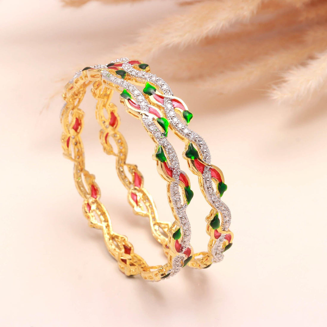 22K Gold Plated Zirconia Enamel Bangle | Traditional American Diamond Brass Kada |Indian Bridal Jewelry | Party Wear Bracelet |Gift for Her — 2