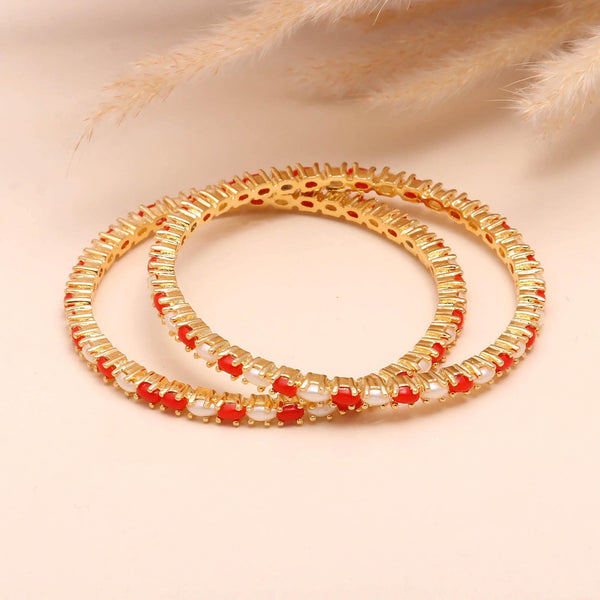 22K Gold Plated Brass Single Line Coral Pearl Bangle | Oval Red White Stone Jewelry | Traditional Indian Bridal Festive Wear | Gift For Her