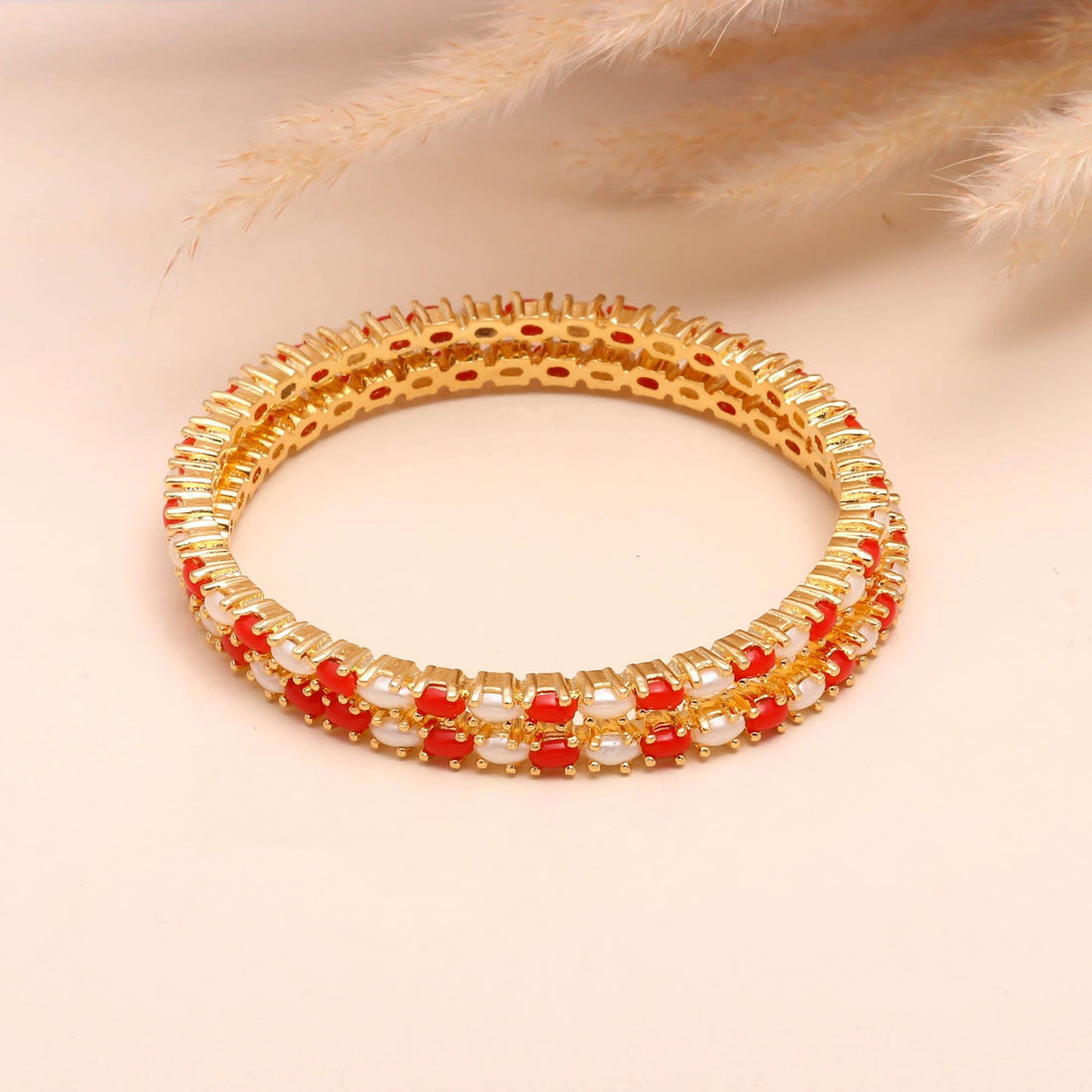 22K Gold Plated Brass Single Line Coral Pearl Bangle | Oval Red White Stone Jewelry | Traditional Indian Bridal Festive Wear | Gift For Her — 2