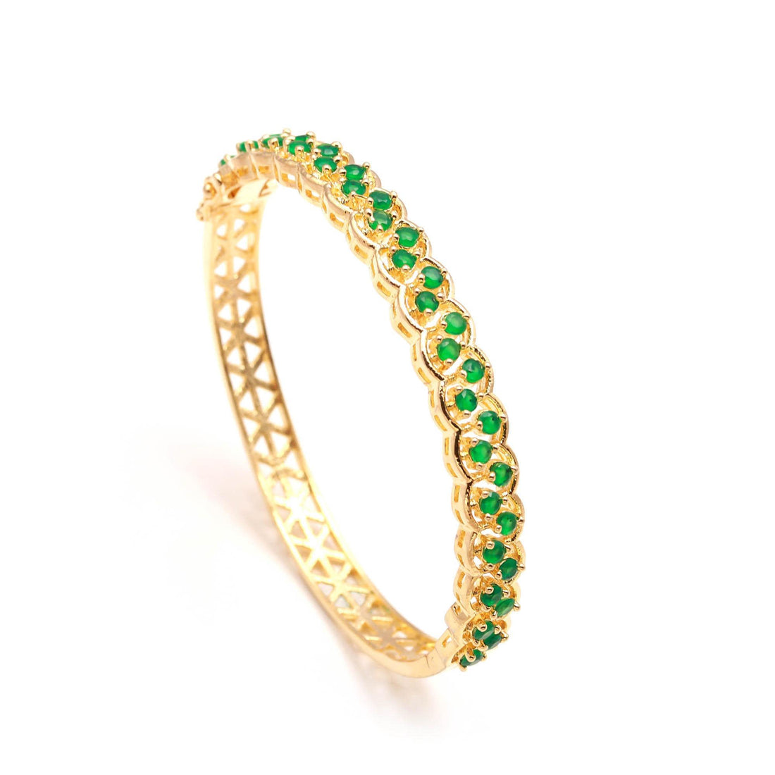 22K Gold Plated Openable Emerald Bracelet | Round Green Emerald Brass Jewelry | Traditional Bridal Wear | Gift for Her | Kada Bangle — 3
