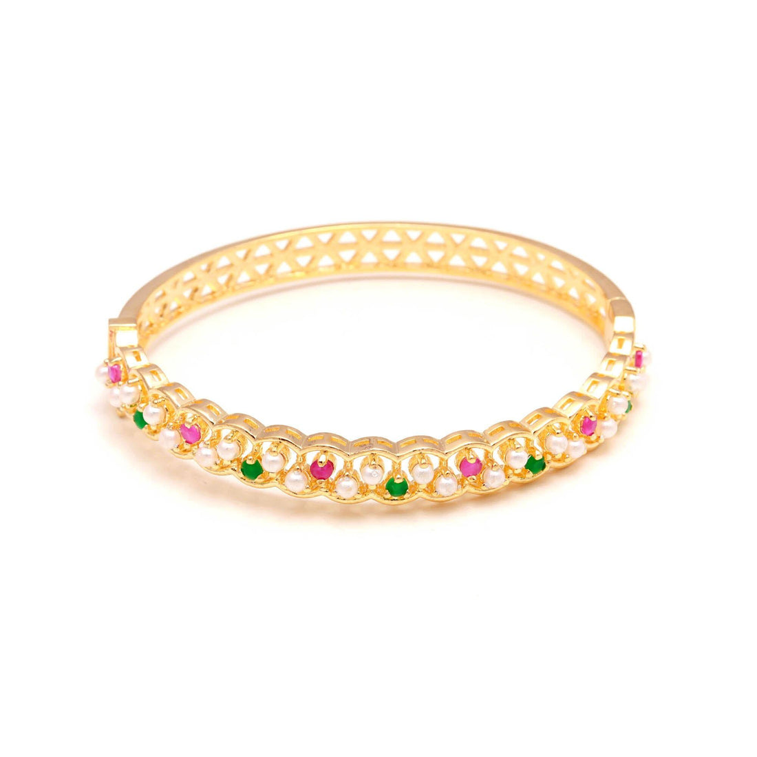 22K Gold Plated Adjustable Multi-Stone Bracelet | Openable Brass Kada with Emerald Ruby Pearl |Festive Bridal Bracelet | Adjustable Bracelet — 4