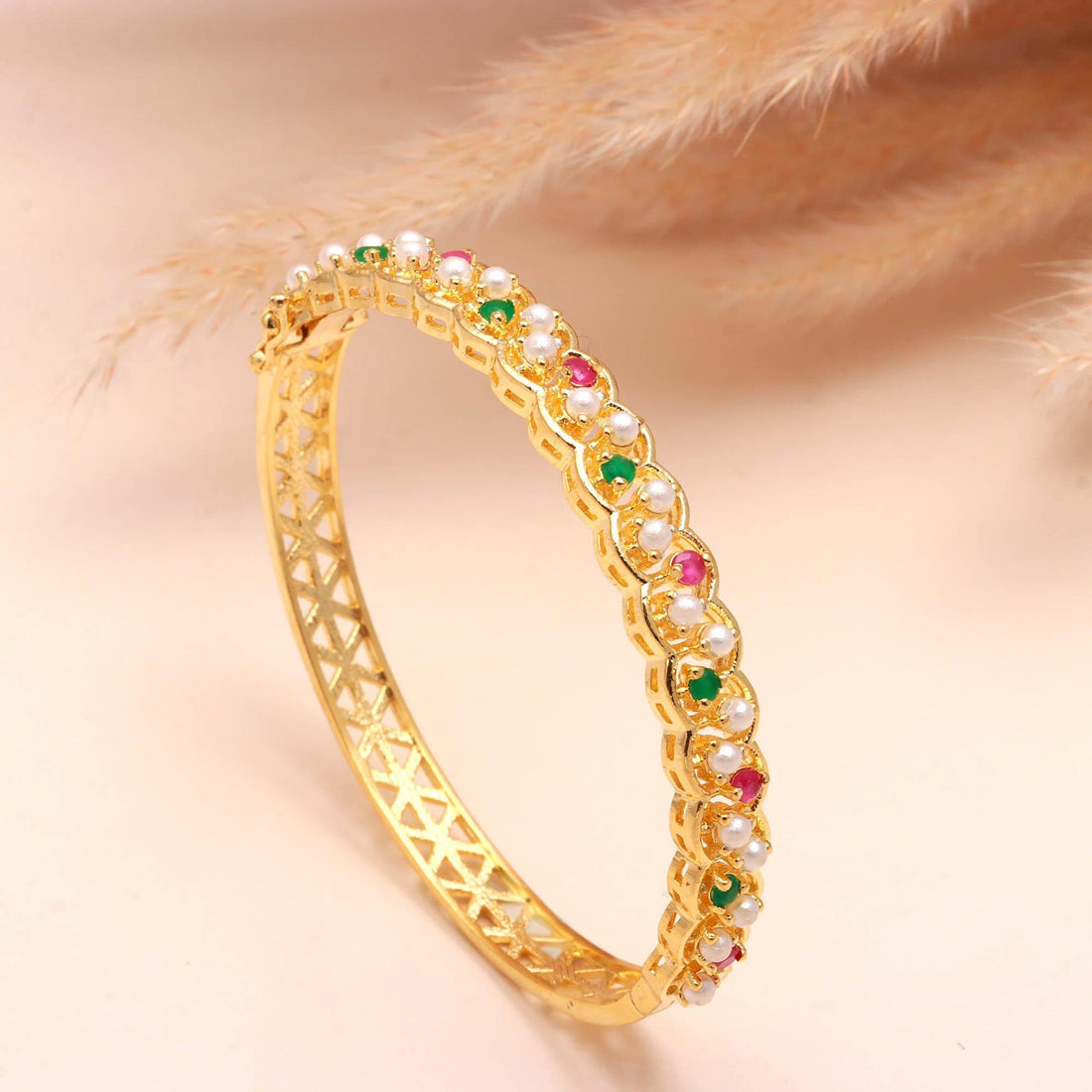 22K Gold Plated Adjustable Multi-Stone Bracelet | Openable Brass Kada with Emerald Ruby Pearl |Festive Bridal Bracelet | Adjustable Bracelet