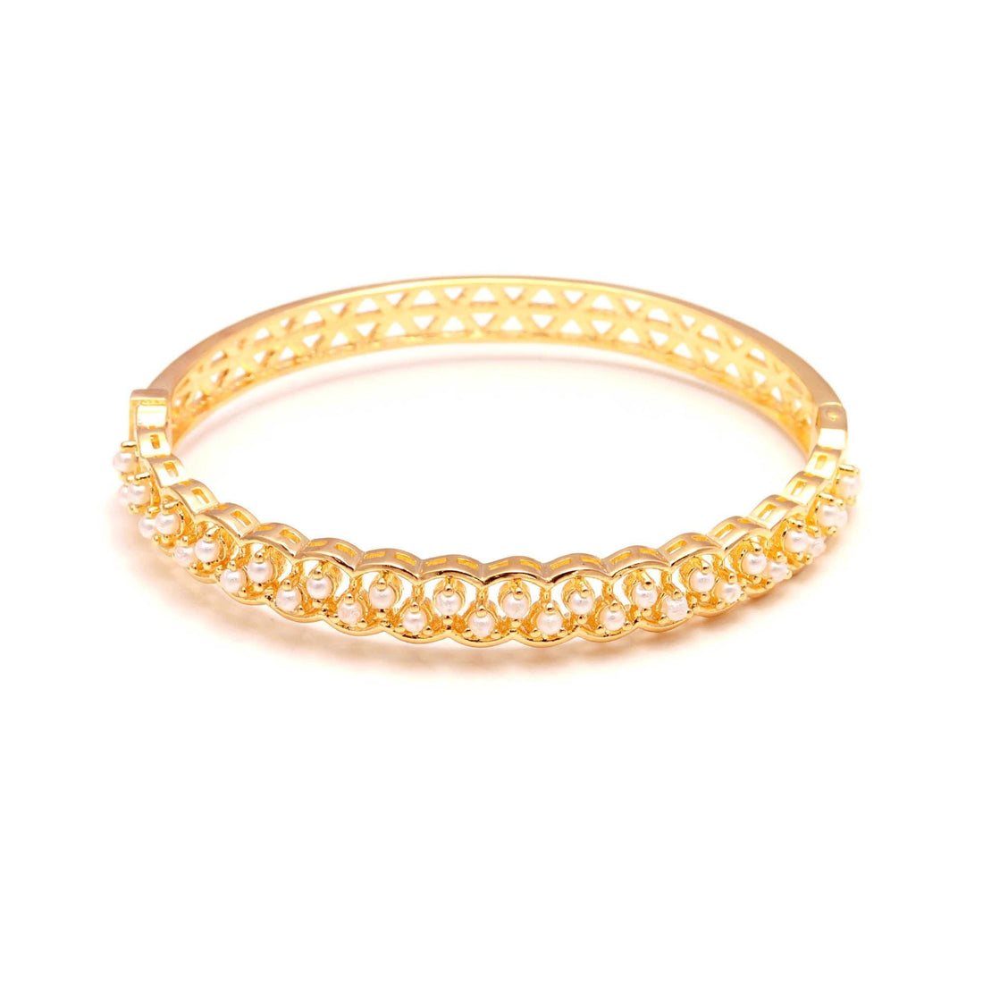 22K Gold Plated Openable Pearl Kada Bracelet | Brass Freshwater White Pearl Bracelet | Bridal Gift | Festive Bracelet | Adjustable Bracelet — 4
